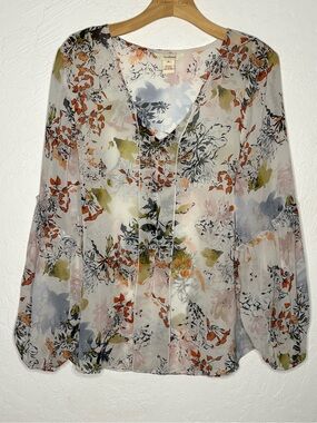 Sundance XL 100% Silk Floral Print Tunic Blouse Long Sleeve Boho Cottage Sheer‎
